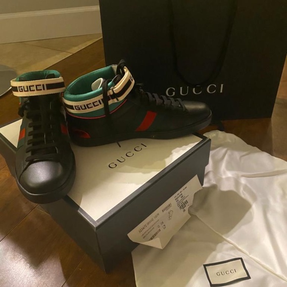 Gucci Mens Black Ace sneakers in soft leather w Web bands nylon NIB New in Box - Picture 2 of 11